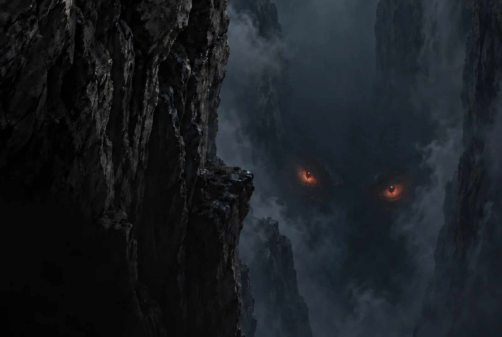 Paredes de pedra escura de um abismo coberto de neblina; no fundo, entre as sombras, um par de olhos vermelhos incandescentes devolve o olhar.