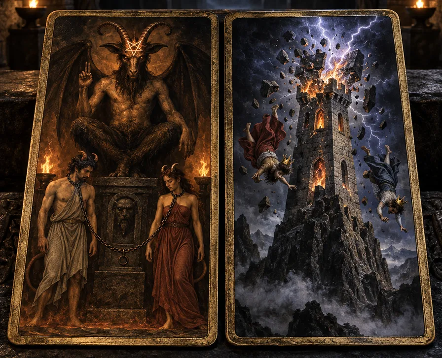 Duas cartas de tarot lado a lado: O Diabo, com a figura de chifres e pentagrama sobre um pedestal e duas pessoas acorrentadas a seus pés; e A Torre, atingida por um raio, com o topo explodindo e duas figuras caindo.