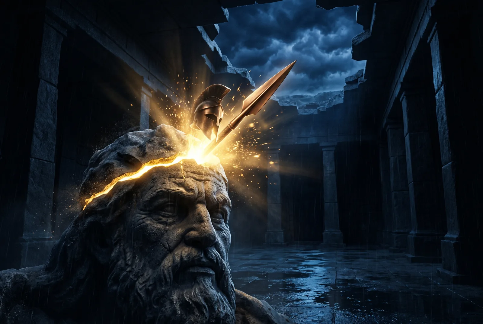 Imagem onírica do rosto de Zeus, esculpido como pedra antiga sob chuva, com o elmo e a lança de Athena rompendo em luz dourada a partir de uma fenda na cabeça.