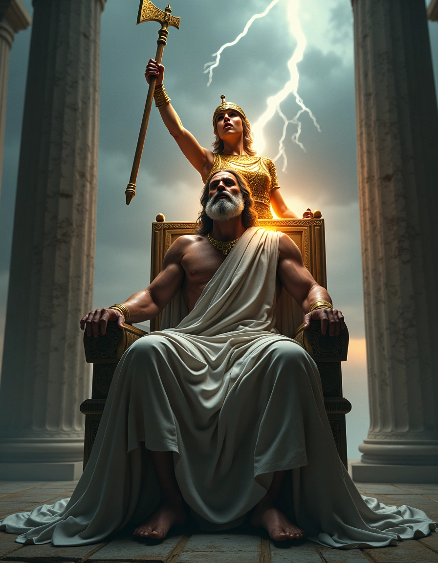 Athena emerge já adulta e armada da cabeça de Zeus, machado erguido contra um céu rasgado por um raio.