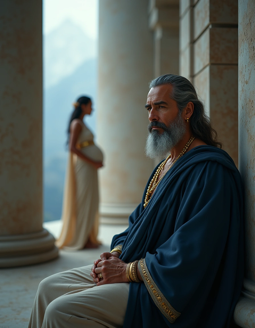 Zeus sentado sob colunas de mármore, olhar perdido em cálculo silencioso; ao fundo, Métis grávida observa a paisagem sem saber o que ele decidiu.