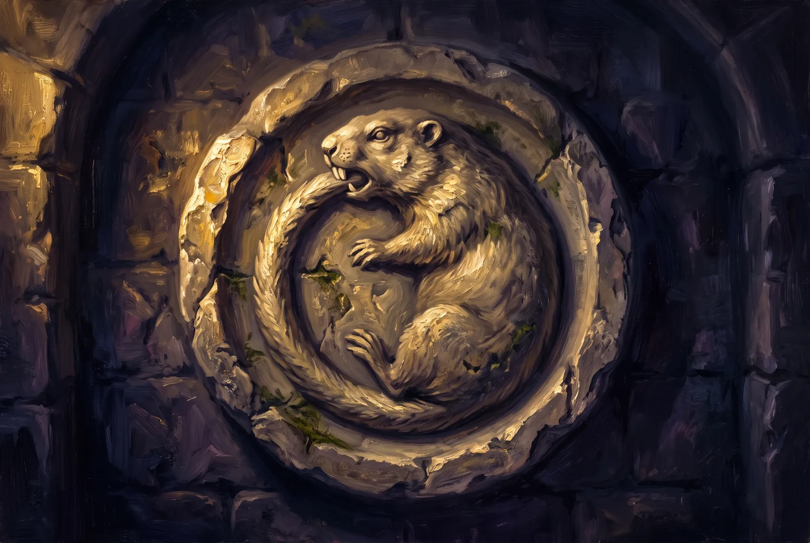 Pintura a óleo de um relevo antigo de pedra, uma marmota enrolada em círculo mordendo a própria cauda como um ouroboros, luz dourada baixa contra sombra índigo.