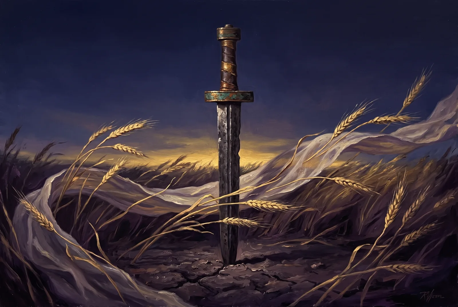 Pintura a óleo de uma espada antiga cravada na terra ao entardecer, com trigo dourado e tecido dobrando ao vento ao redor da lâmina.