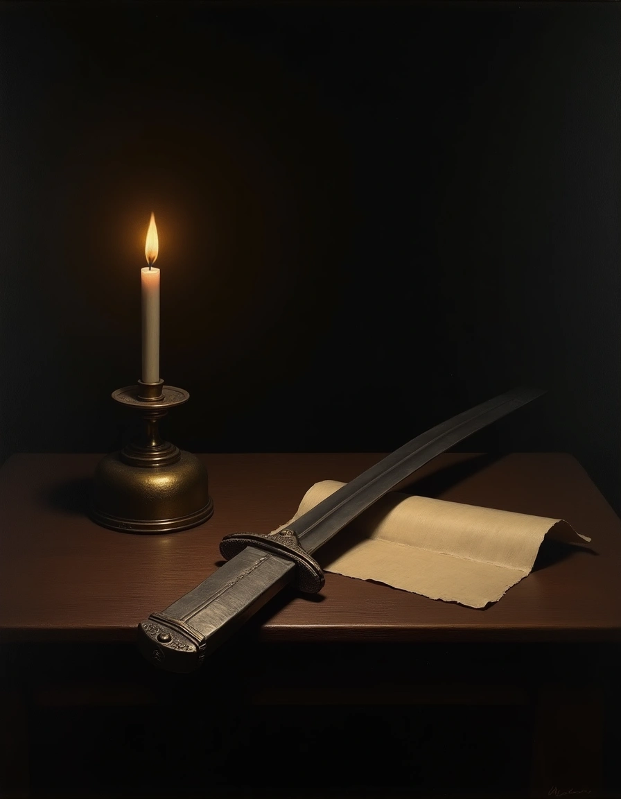 Uma espada antiga sobre uma mesa escura, iluminada por uma lamparina, ao lado de uma página antiga com o canto levantando como se soprada pelo vento.