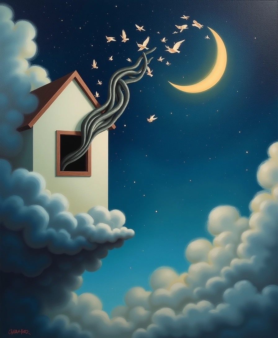 Pintura onírica de uma janela aberta soltando uma cortina que se transforma em pássaros contra um céu noturno em espiral, com uma lua crescente dourada.
