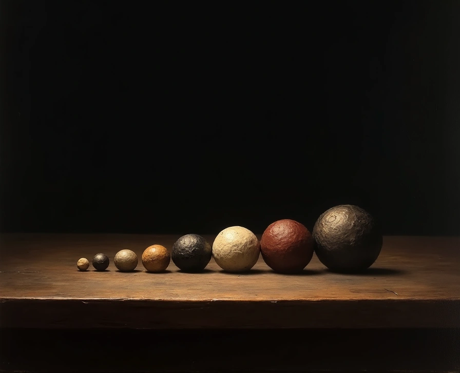 Sete esferas de materiais diferentes — prata, cobre, marfim, ouro, pedra vermelha, bronze e chumbo — dispostas em espiral descendente sobre uma mesa escura.