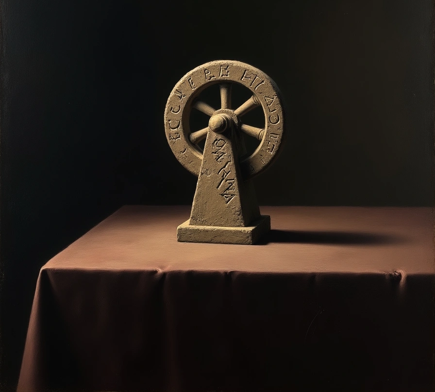 Uma roda de pedra desgastada, metade iluminada por luz dourada, metade na sombra, com símbolos antigos quase apagados entalhados na face.