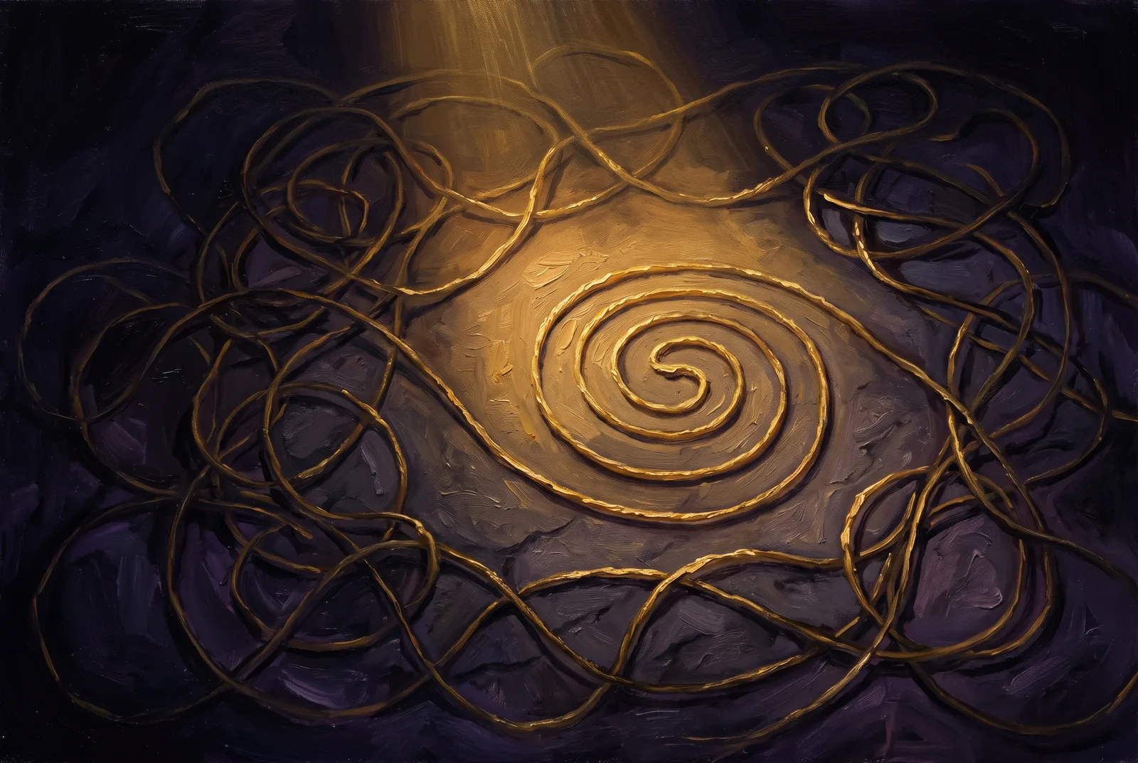 Pintura a óleo de um fio dourado emaranhado, envolvendo em simetria radial uma espiral clara e legível iluminada no centro, como um mandala revelado pela luz.
