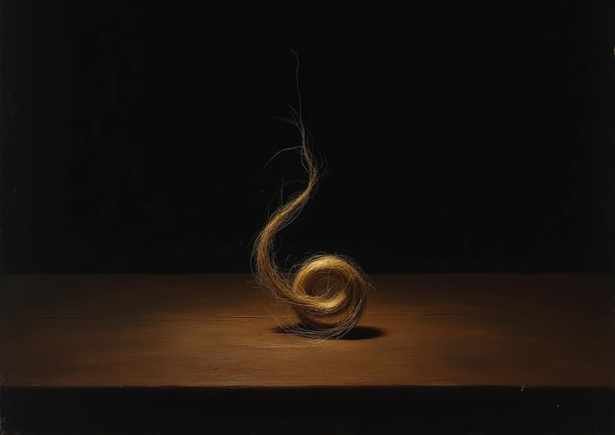 Um fio dourado repousando em espiral solta sobre uma mesa escura, ecoando a imagem de abertura do texto.