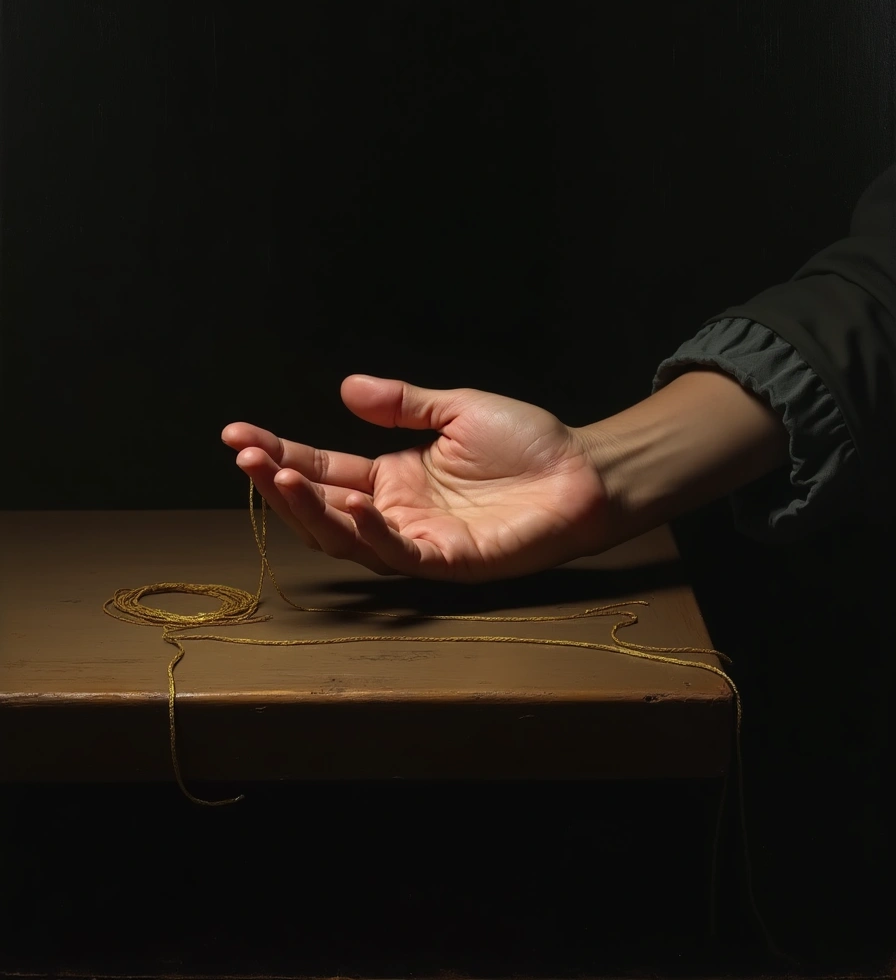 Uma mão segurando um fio dourado recém-recolhido sobre uma mesa escura, em estilo de pintura a óleo de Caravaggio.