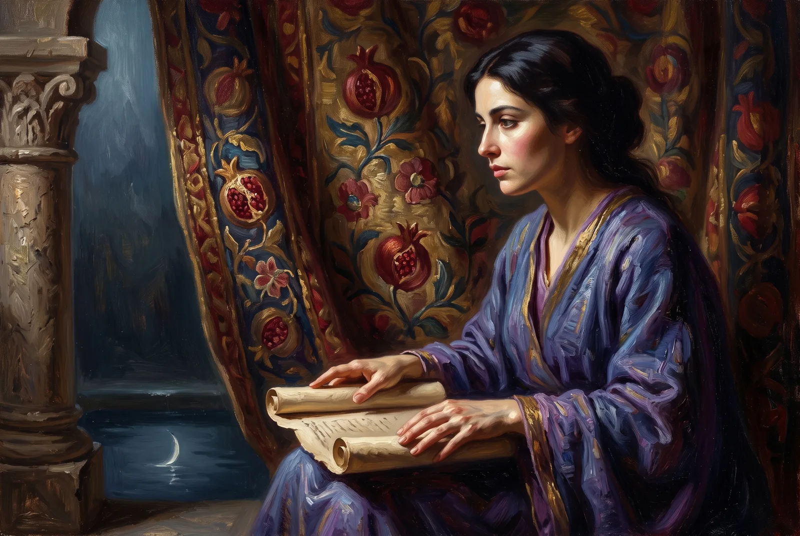 Pintura a óleo de uma mulher serena de perfil, manto azul-índigo, mãos sobre um pergaminho meio enrolado, diante de um véu bordado de romãs.