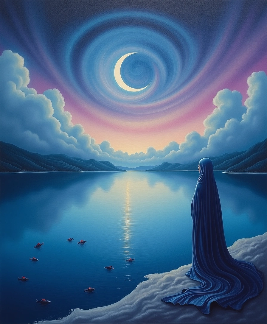 Pintura onírica de um lago vasto refletindo uma lua crescente dourada, com a barra de um manto índigo dissolvendo na água em ondas de luz.