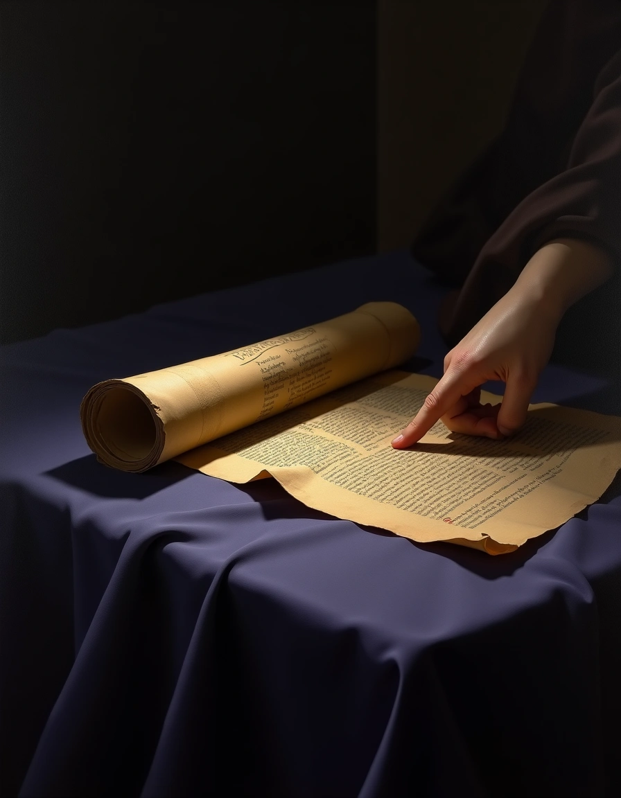 Pergaminho antigo meio enrolado sobre tecido índigo drapeado, com letras arcaicas visíveis na parte exposta, uma ponta de dedos tocando a borda.