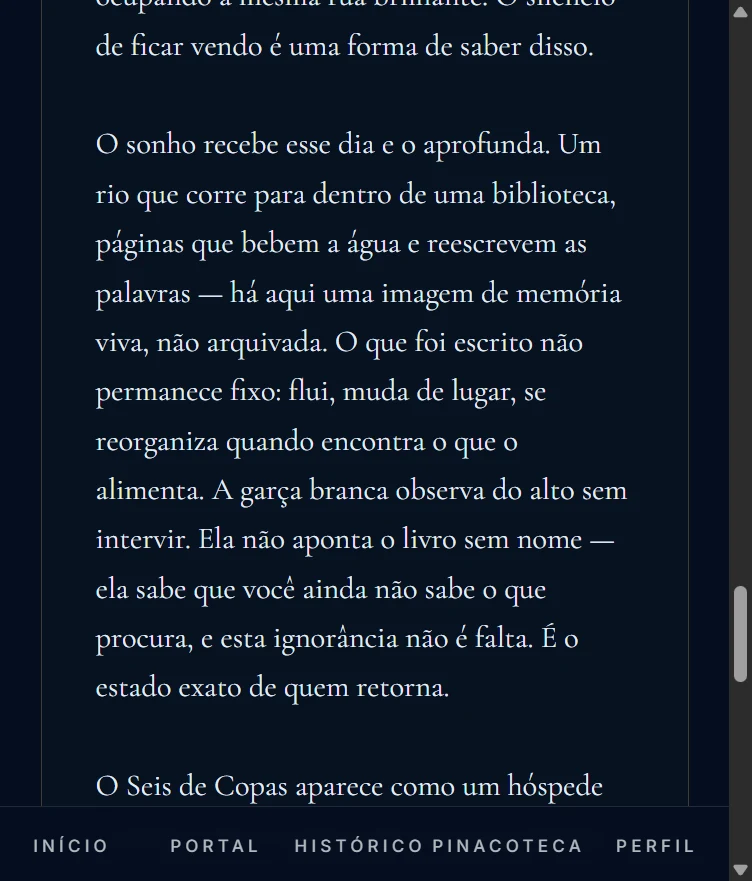 Trecho de uma leitura no aplicativo: o espelho recebe o sonho de um rio dentro de uma biblioteca