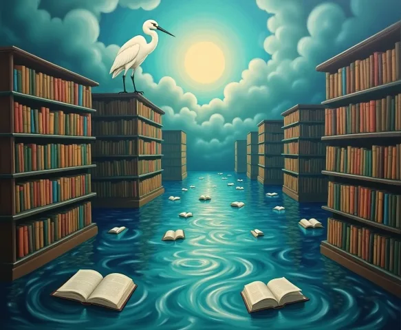Pintura de sonho: rio correndo entre estantes de biblioteca, livros abertos boiando e uma garça branca