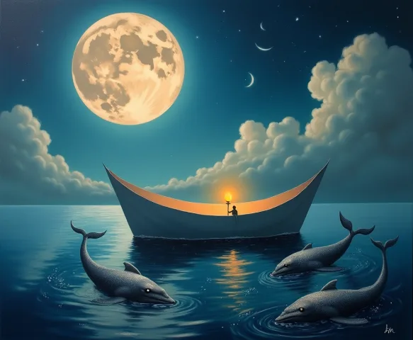 Pintura de sonho: barco de papel num mar noturno sob uma lua imensa, baleias deixando rastros prateados